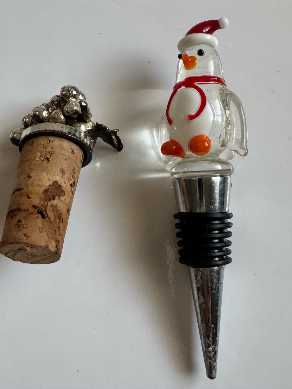 Vintage Christmas Wine Bottle Stoppers Lot Snowman Penguin & Silver Grape Cork